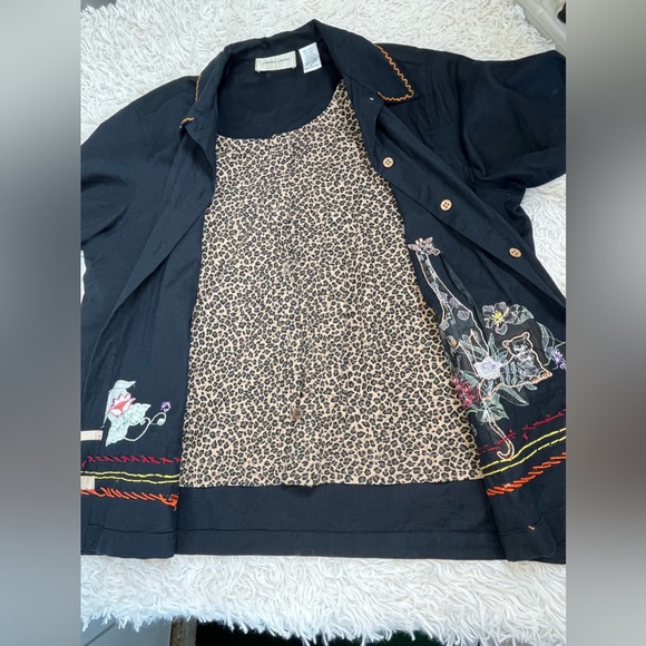 Lemon Grass Safari Button Up Embroidered Blouse with Faux Vest. - Picture 2 of 6